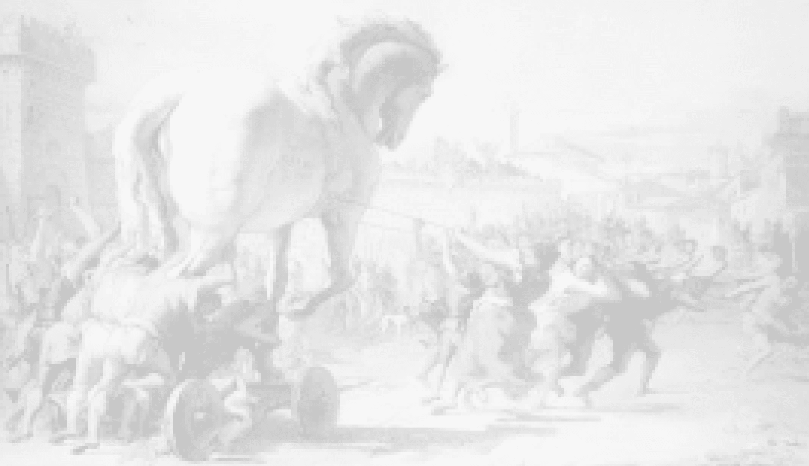 Engraving of the Trojan horse being drawn into the city